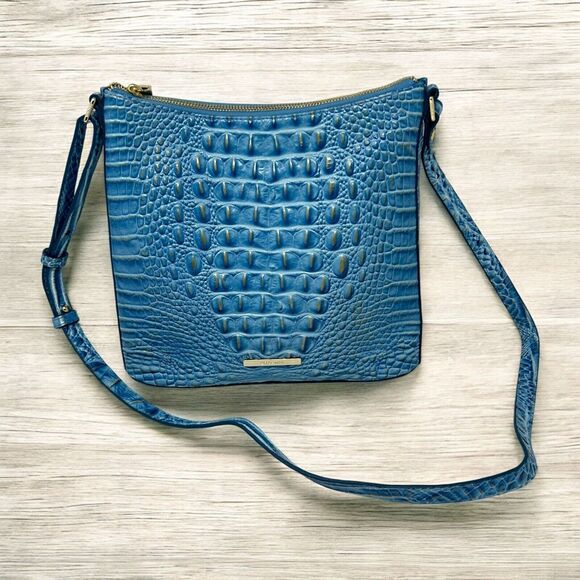 Brahmin Melbourne Katie Blue Croc Embossed Leather Shoulder Bag Adjustable Strap - Picture 1 of 16